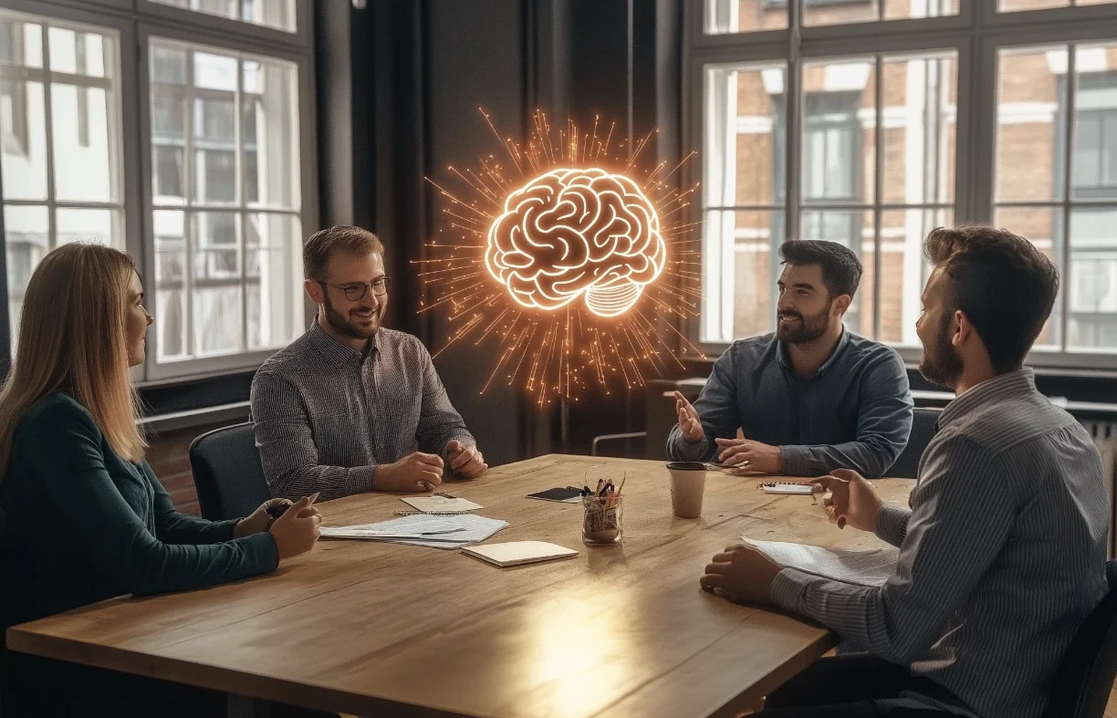 Fem personer sitter runt ett konferensbord och diskuterar dokument, med en glödande hjärngrafik svävande i luften, i ett modernt kontor med stora fönster.