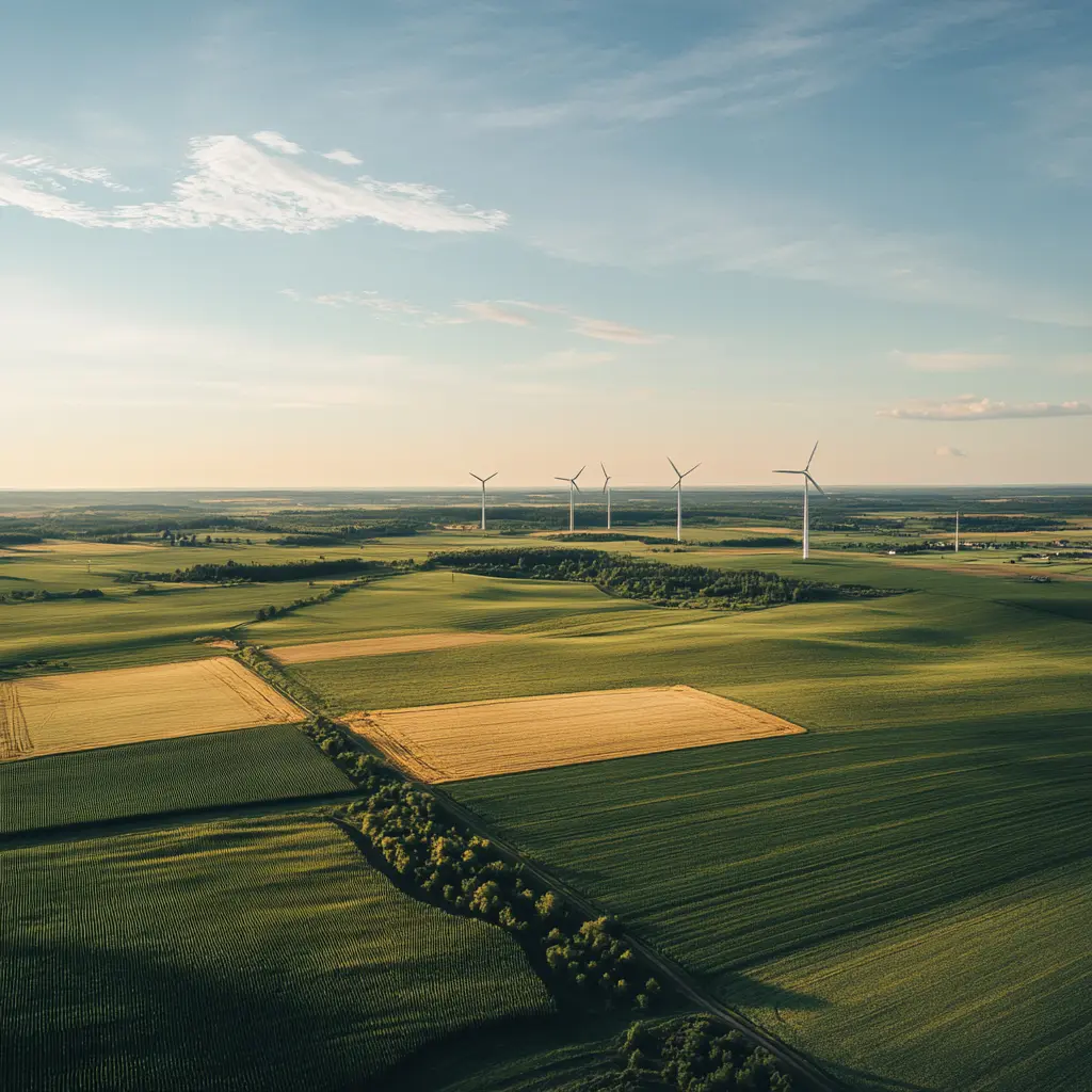 Åkermark med vindkraftverk i fjärran